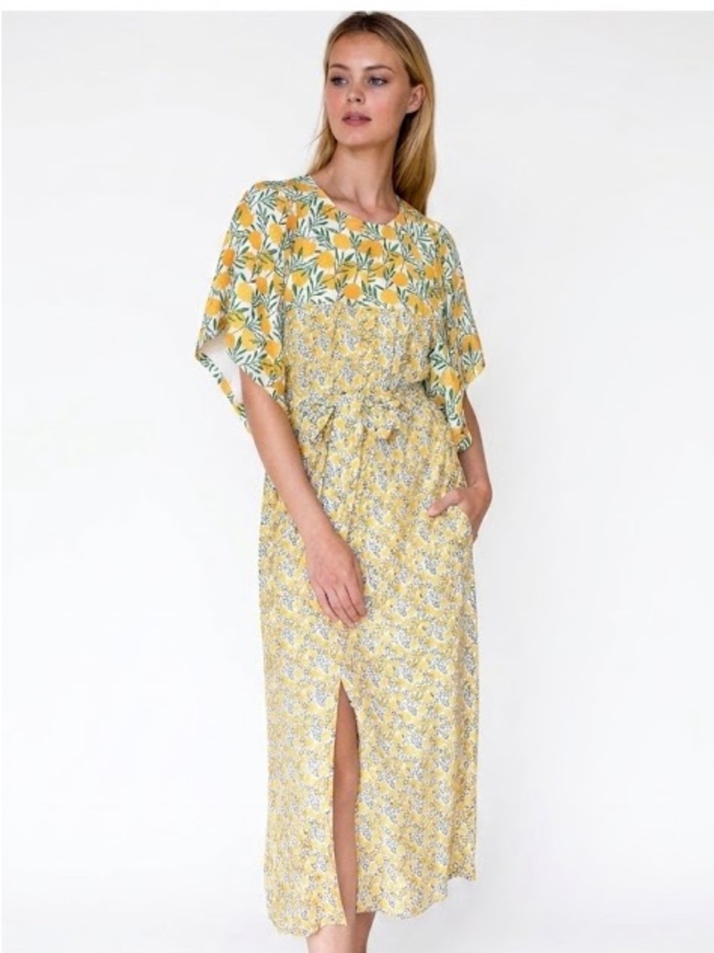 Emerson Fry Lemon Yellow Green Floral Print Maxi Dress Size Small Linen Blend